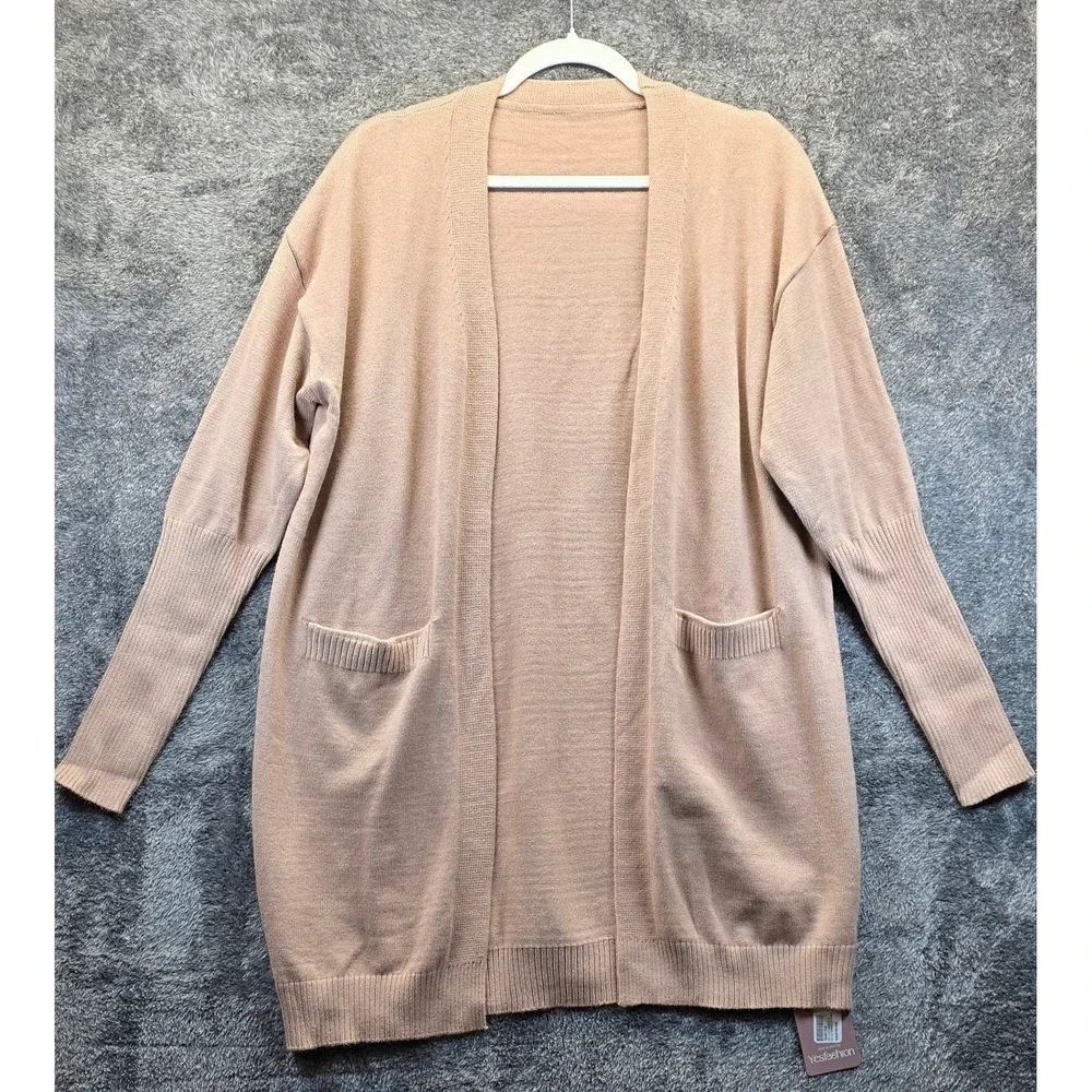 Yesfashion Open Front Cardigan Women Large Tan Beige New Longline Ribbed Pocket‎
